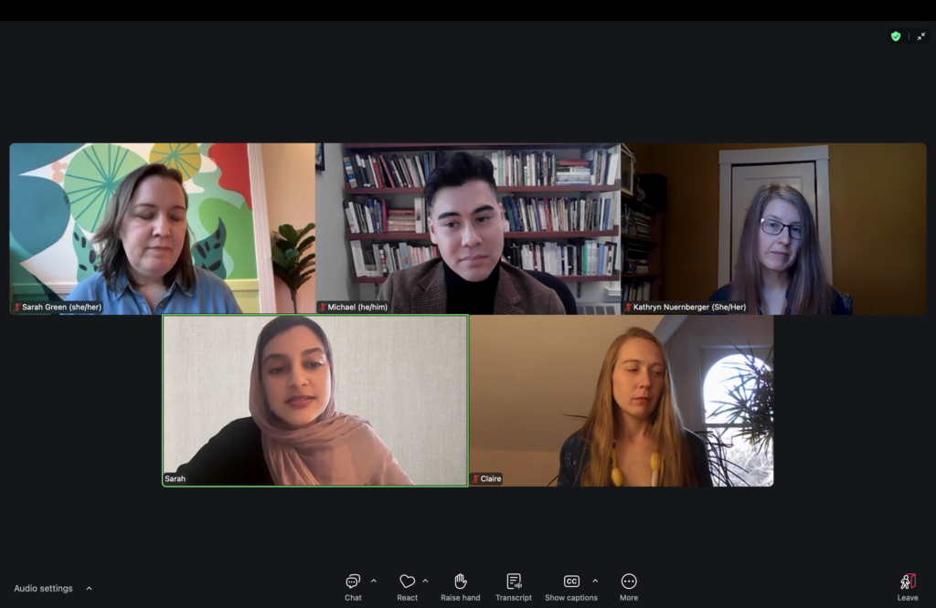 Zoom screenshot of Sarah Green, Michael Prior, Kathryn Nuernberger, Sarah Ghazal Ali, and Claire Wahmanholm. 